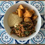 Crispy Potato Bites served with hummus & salad